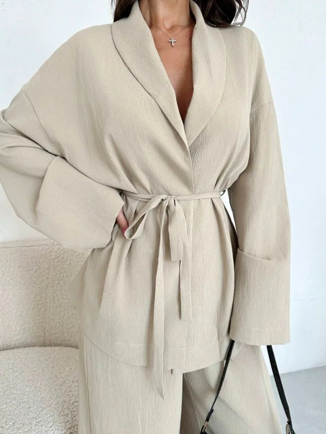 2025 Autumn Winter European American Fashion V-neck Women's Temperament Long-sleeved Elegant Wide-leg Pants Set