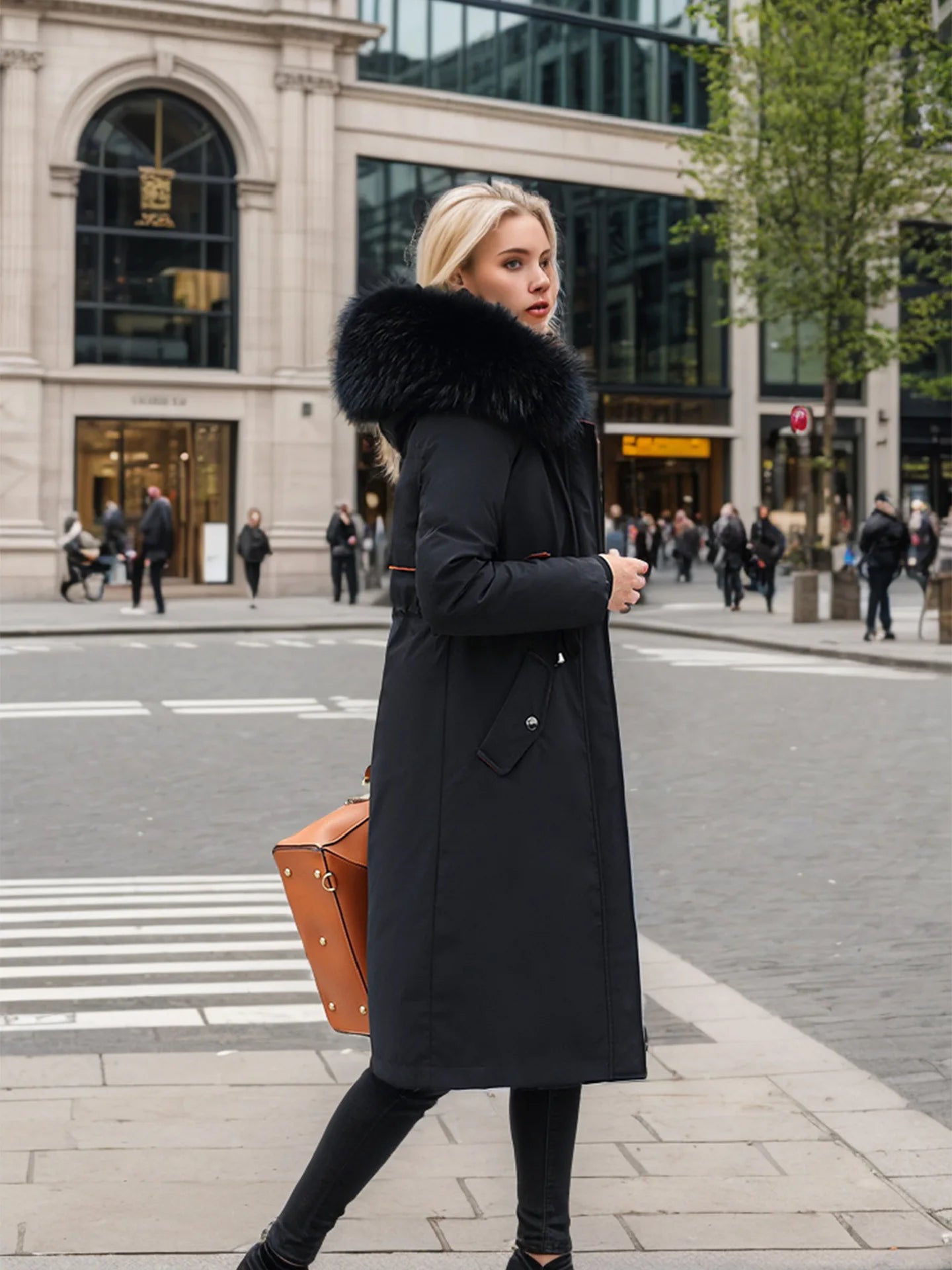 Lady's Winter Parka Coat Solid Color Detachable Faux Fur Trim Slim Fit Female's Padded Coat Thermal Longline Coat For Women