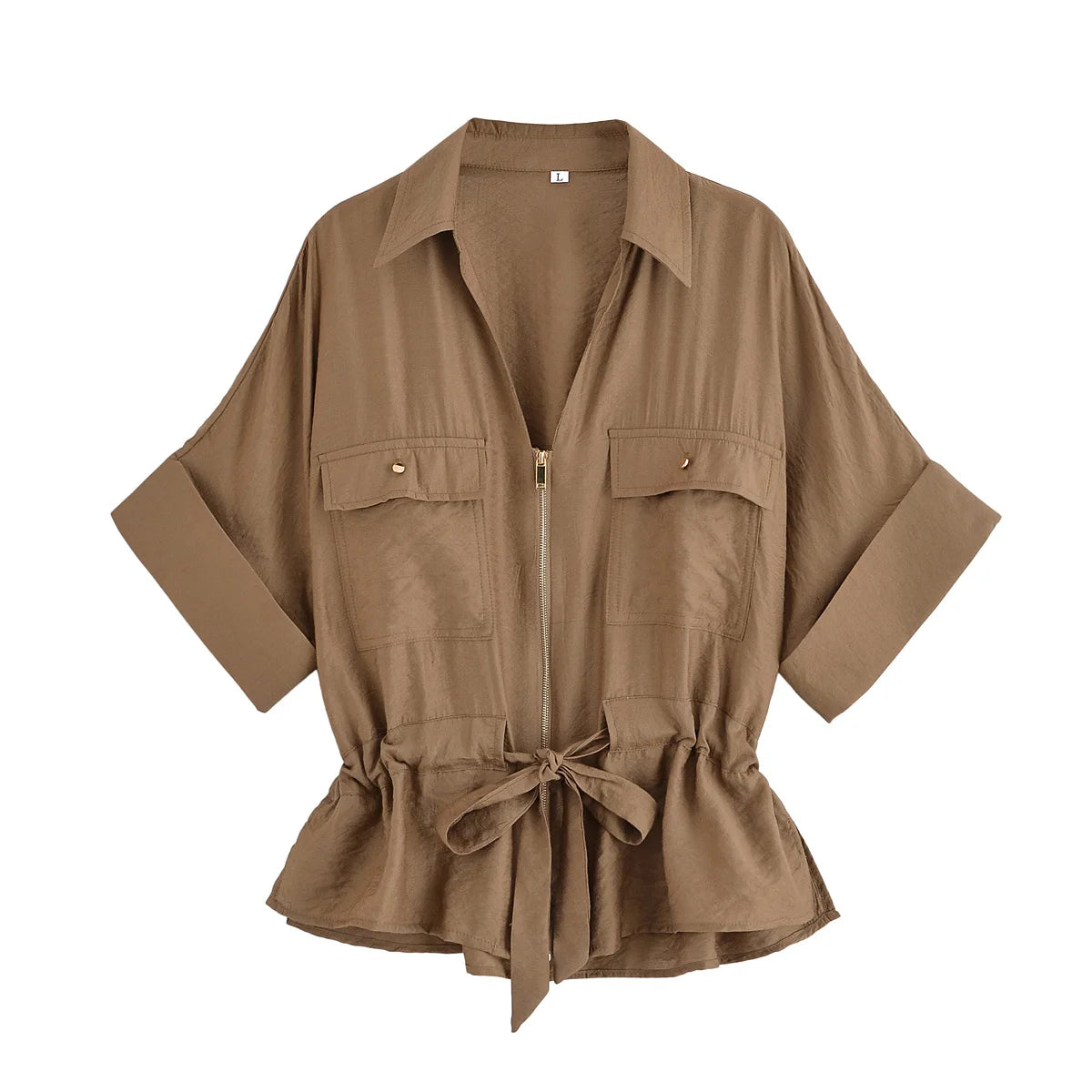 Women Adjustable Drawstring Waist Safari Shirt Short Sleeve Lapel Collar With   Pockets Loose Blouse Streetwear Lady Shirts