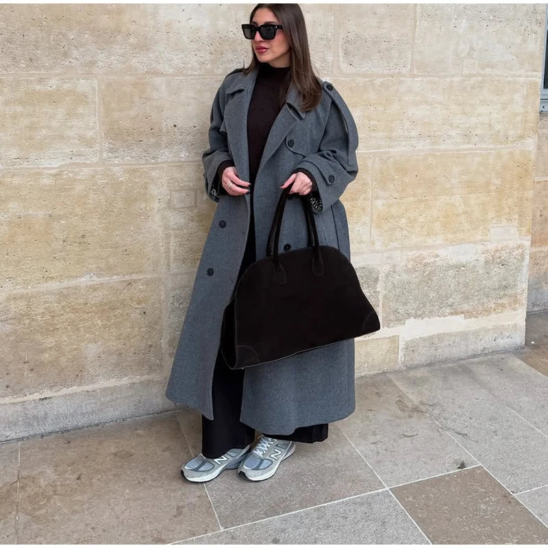 Belts Double Breasted Women's OverCoat Elegant Laple Pocket Full Sleeve Female Coat 2025 Autumn Winter Fashion New Lady Outwears