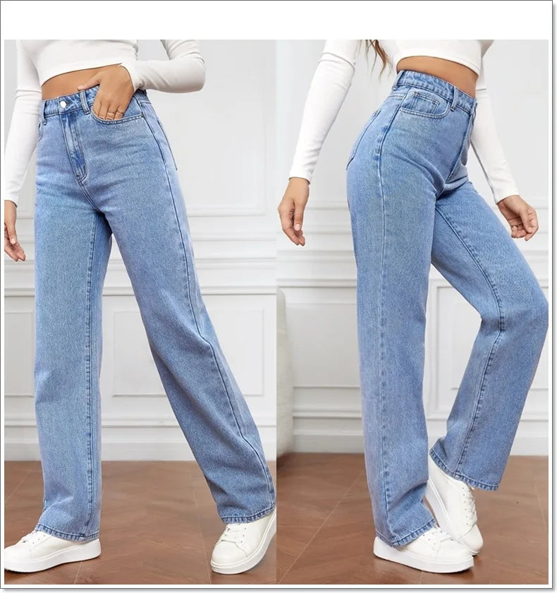 2025 new European and American high-waisted water-washed women's jeans long fashionable and versatile straight-leg pants