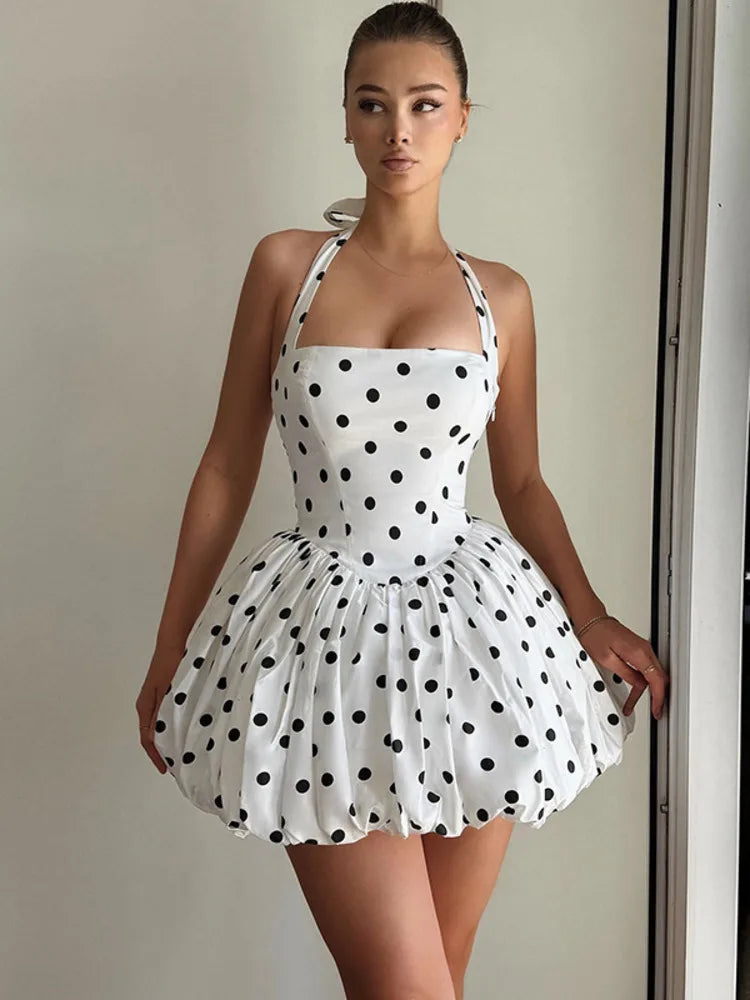 Mozision Halter Print Polka Dot Mini Dress Women Fashion Off-shoulder Sleeveless Backless High Waist A-line Club Party Dress