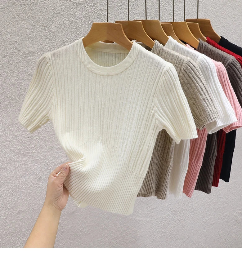 2025 Summer T shirts for Women Casual Female Korean Knit Streetwear Tees Basic Solid Young Cool Tops