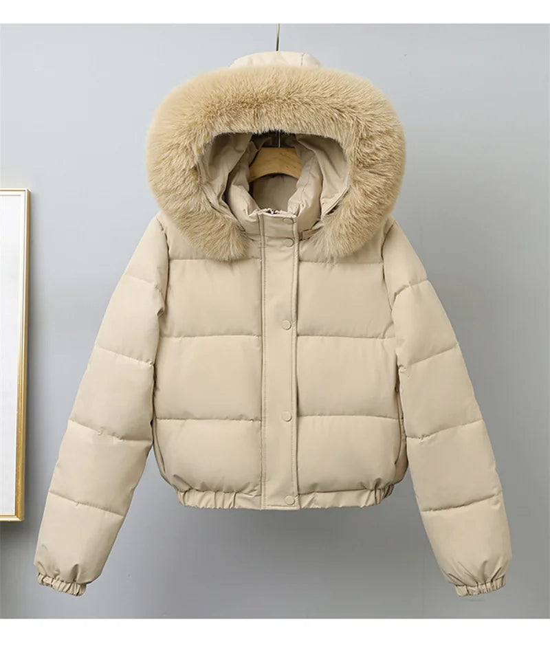 Winter Short Parkas Women's Cotton-padded Clothes Add Velvet Thicken Outerwear Fur Collar Removable Hooded Coats Warm Jackets