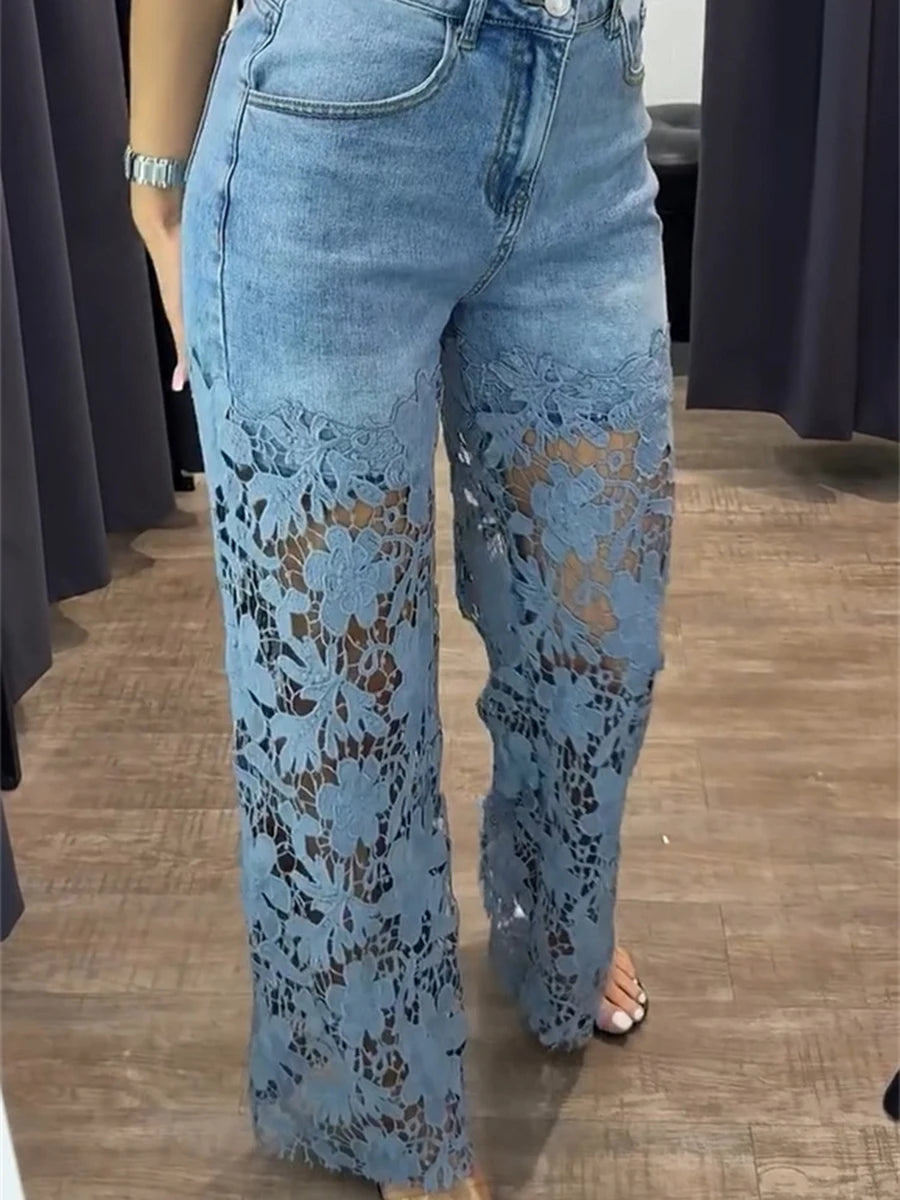 VGH Solid Slimming Hollow Out Temperament Denim Pants For Women High Waist Spliced Button Temperament Trousers Female Fashion