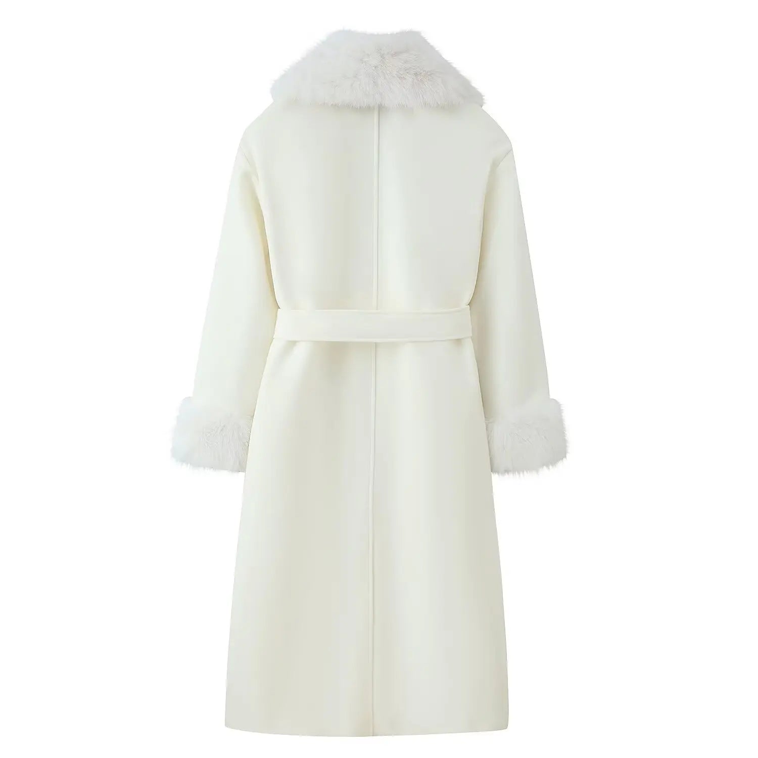 HH New Woman Winter Fashion Versatile Faux Fur Effect Lapel Long Sleeves Belt Long Coat Female Casual Commuting Long Overcoat