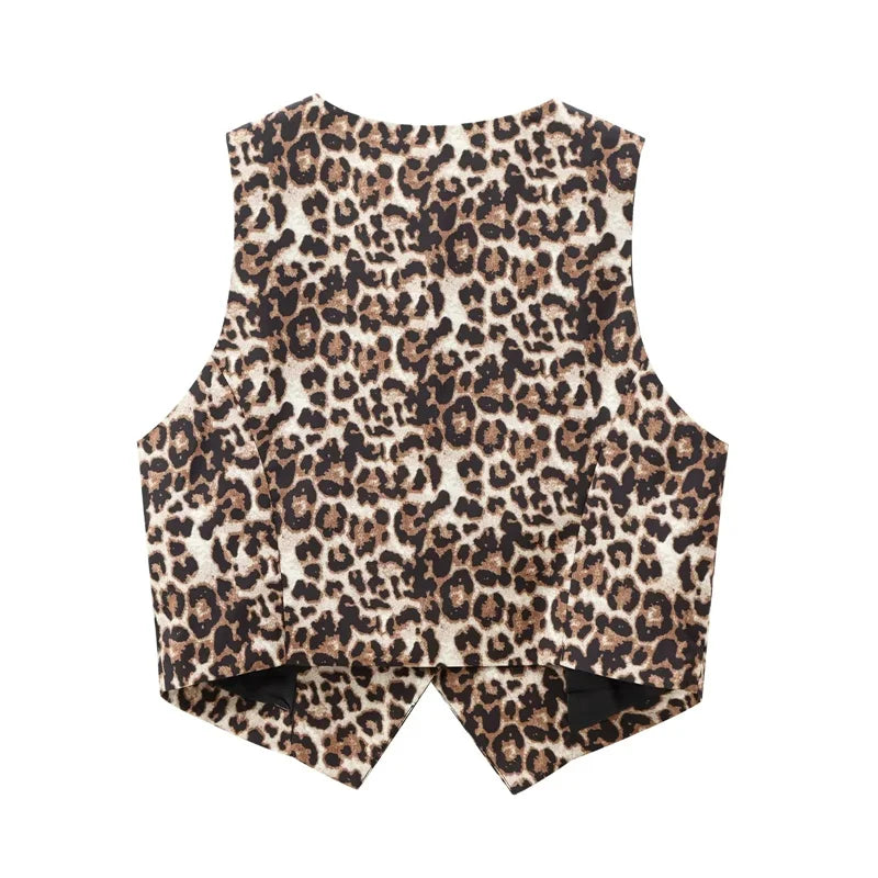MUJER Leopard Print Vests for Women Waistcoat Cropped Sleeveless Vest Woman Fashion Short Jacket Women Streetwear Women's Coats