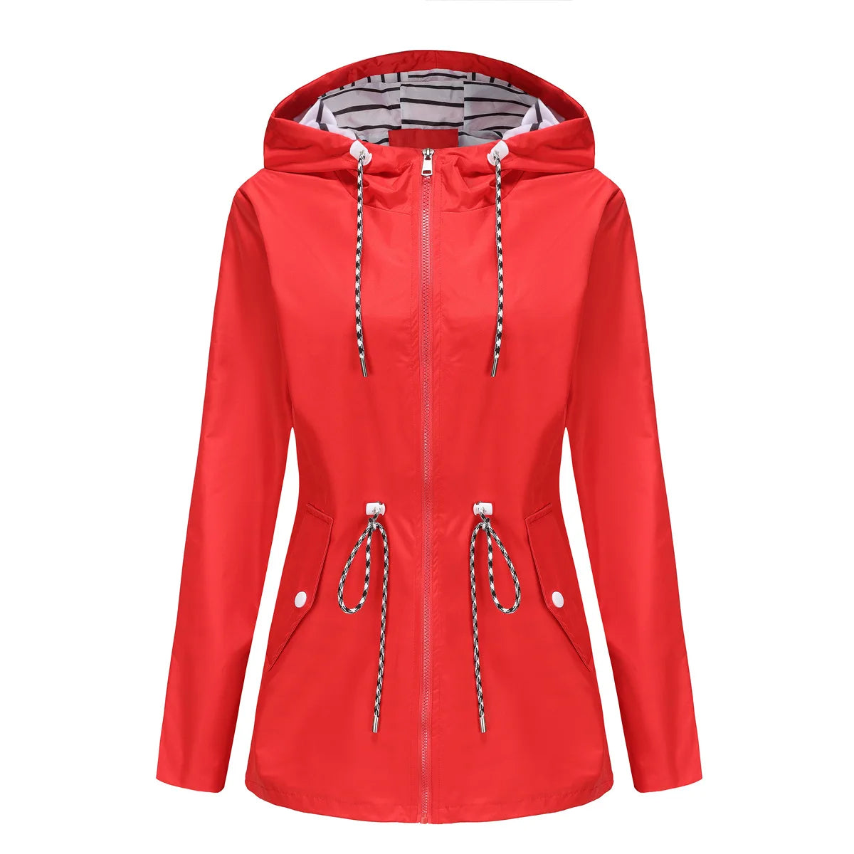 Red Waterproof Hooded Jacket, Women Fashion Casual Coat, Waist Drawstring Tie Zipper Switch Blue Green Yellow Black Windbreaker