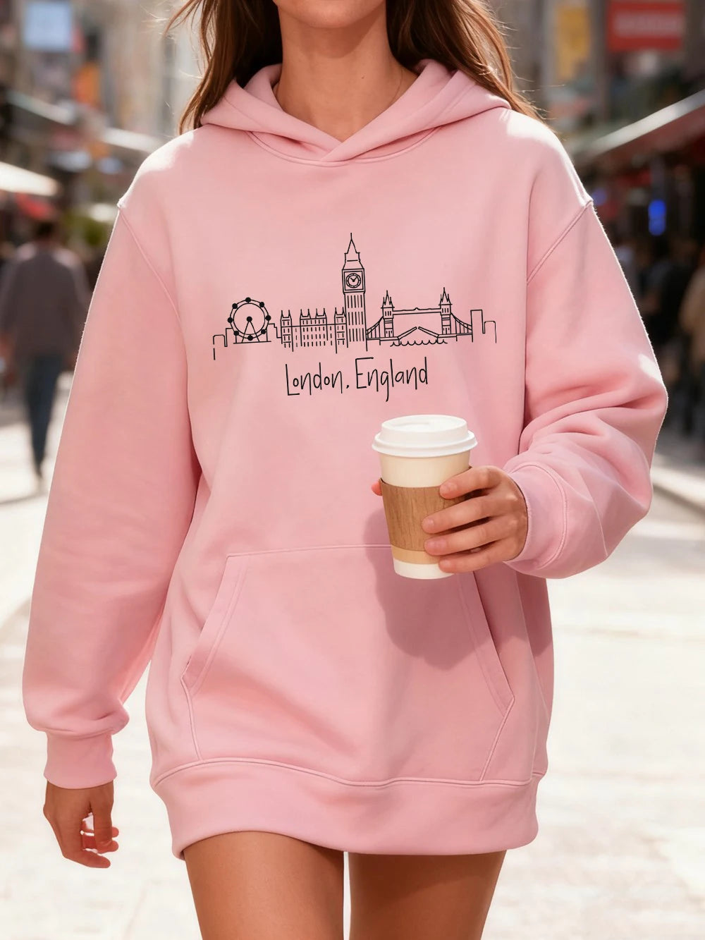 London England Letter Prints Cotton Hoodies Women Jogging Pocket Sweatshirt Sporty Loose Pullover Winter Fleece Warm Clothes