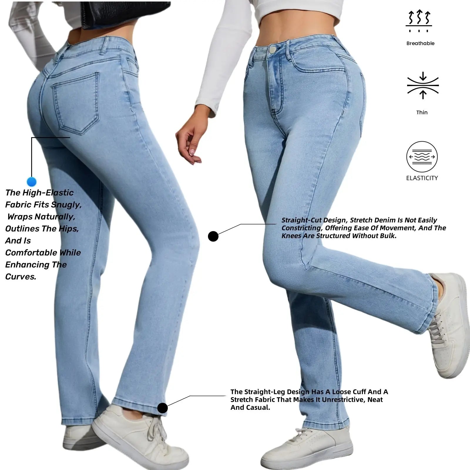 Fashionable Jeans For Woman Y2k Style Blue Stretch Denim Pants Straight Leg Comfort Fit High Waist Trousers Vintage Casual Wear