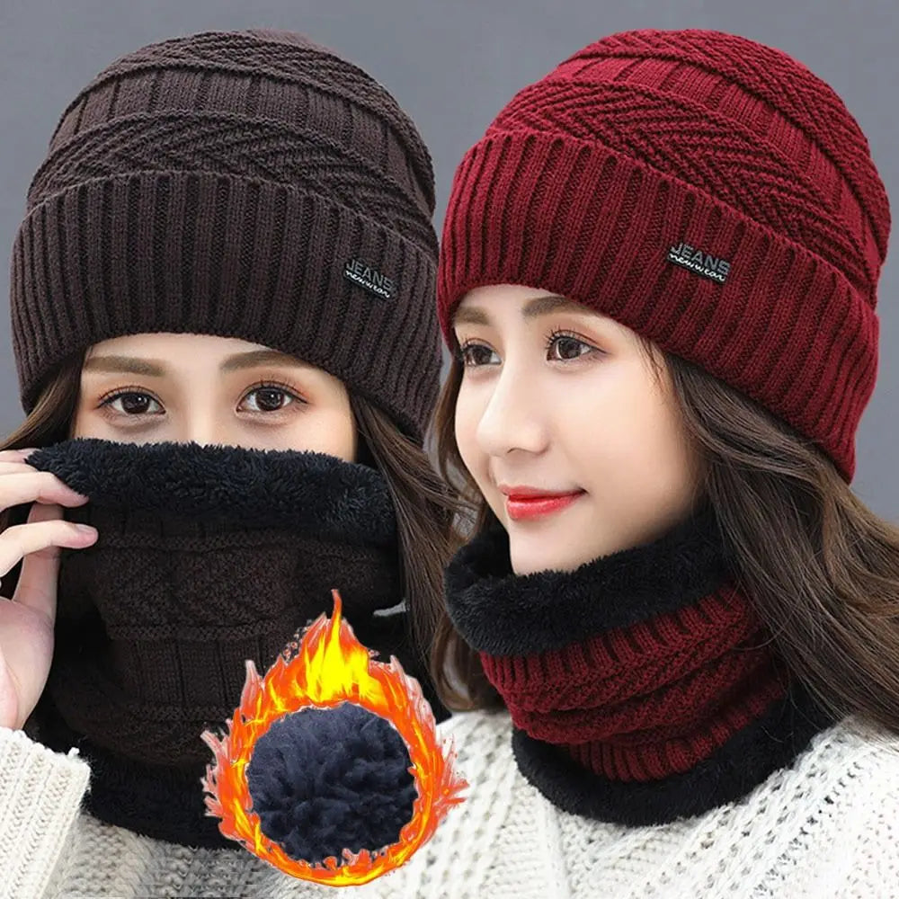 Men Women Winter Beanie Hat Scarf Casual Thermal Fleece Knitted Hat Soft Warm Balaclava Wool Neck Warmer Scarf Cap