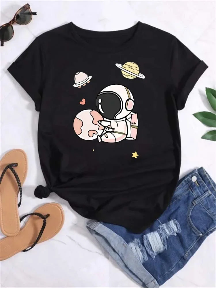 Women Moon Planet Print Fashion Tee Shirts Casual Round Neck Short Sleeve Streetwear Female T-Shirt Vintage Tops