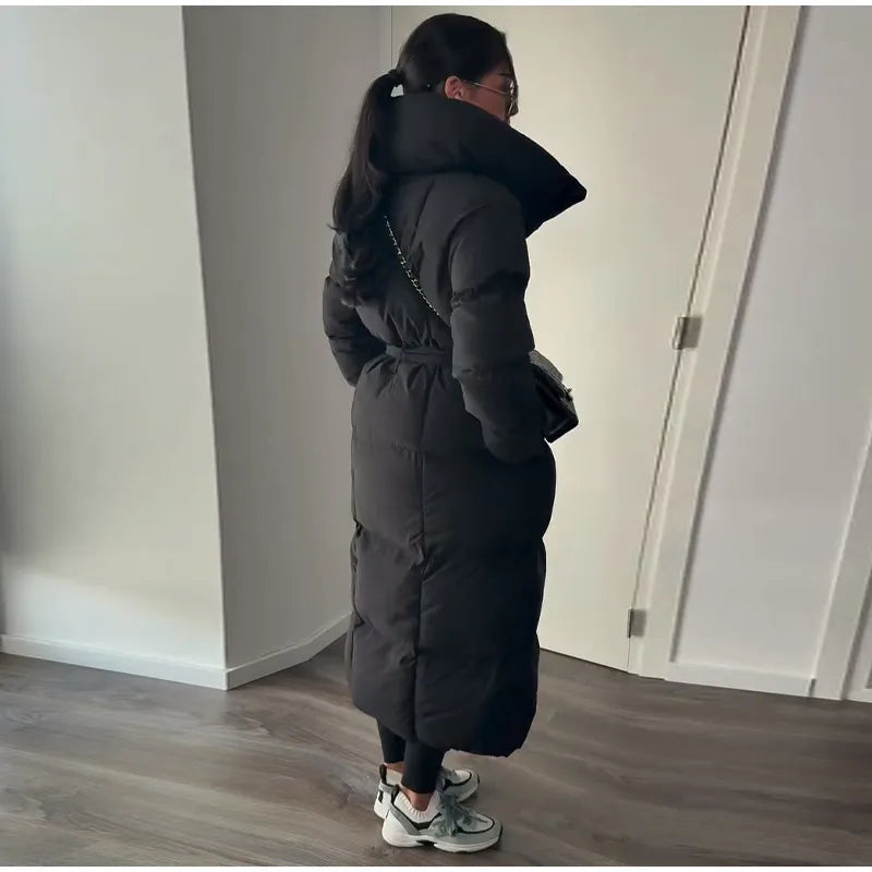 Casual Lace-up Long Padded Jackets Women's Loose Full Sleeves Stand Collar Pocket Maxi Coat 2025 New Winter Ladies Solid Outwear