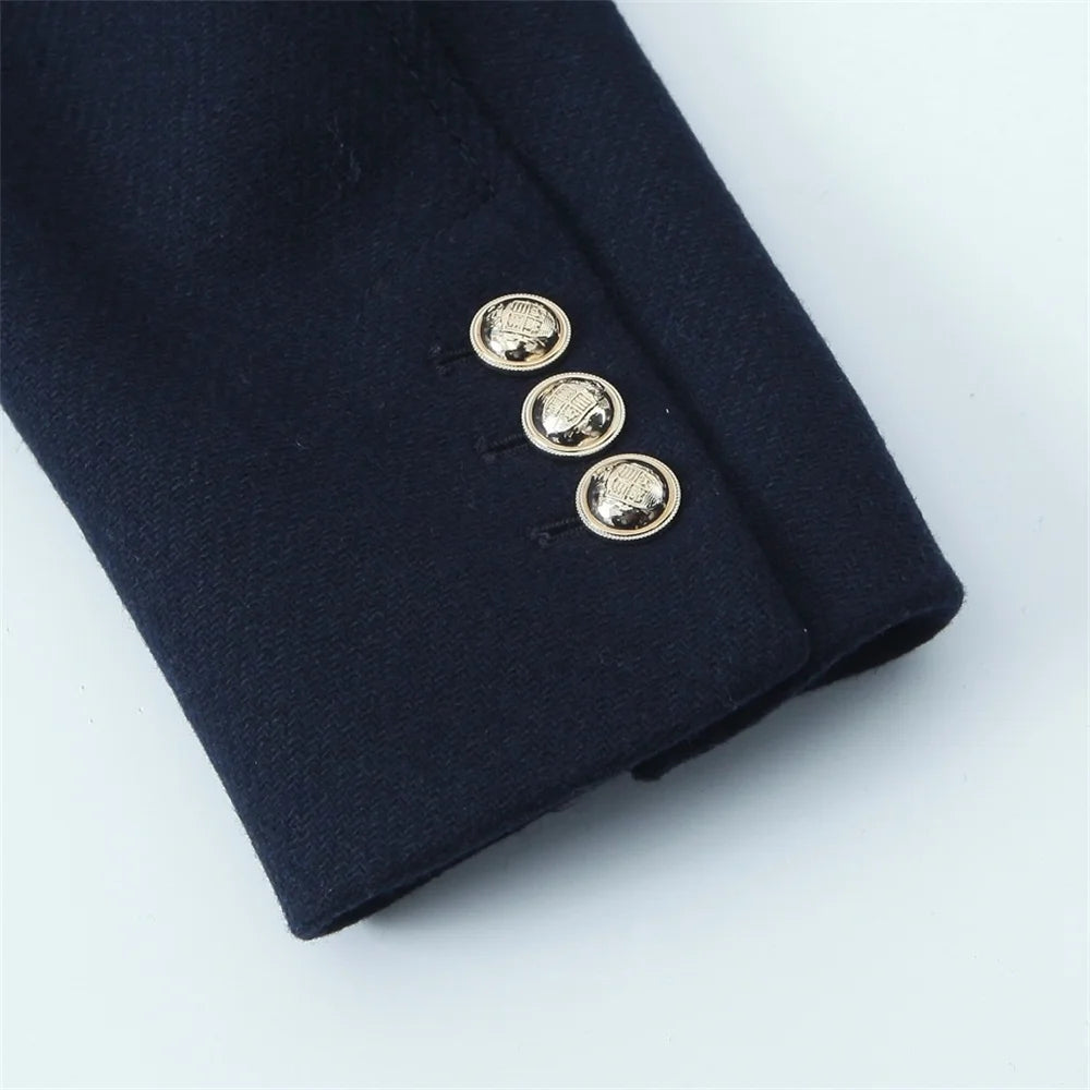 gold button up stand up collar solid color coat for autumn and winter, new double breasted jacket for women