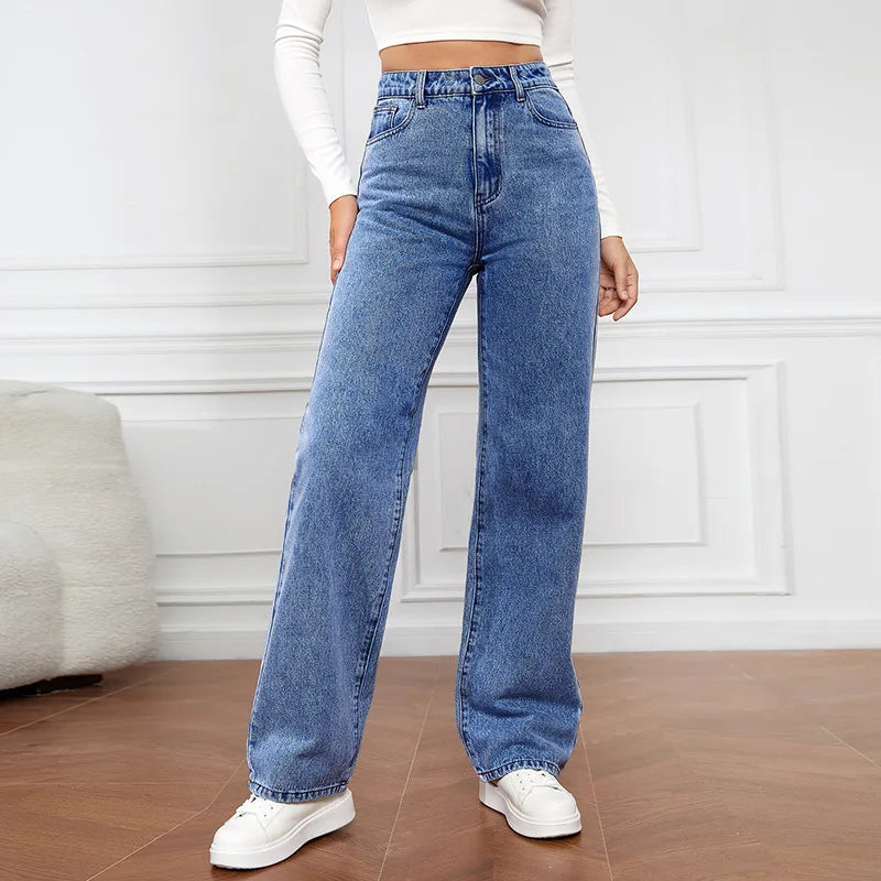 2025 new European and American high-waisted water-washed women's jeans long fashionable and versatile straight-leg pants