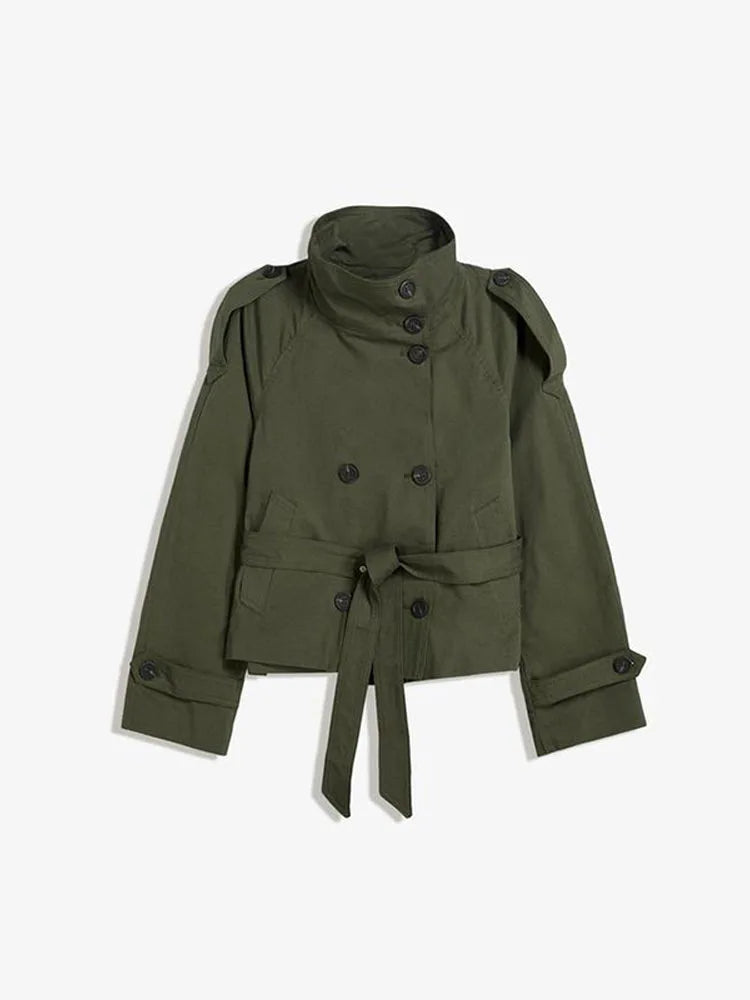 Spring Autumn Women Stand Collar Trench Coat 2025 New With Belt Double Breasted Jacket High Street Long Sleeve Windbreaker Coat