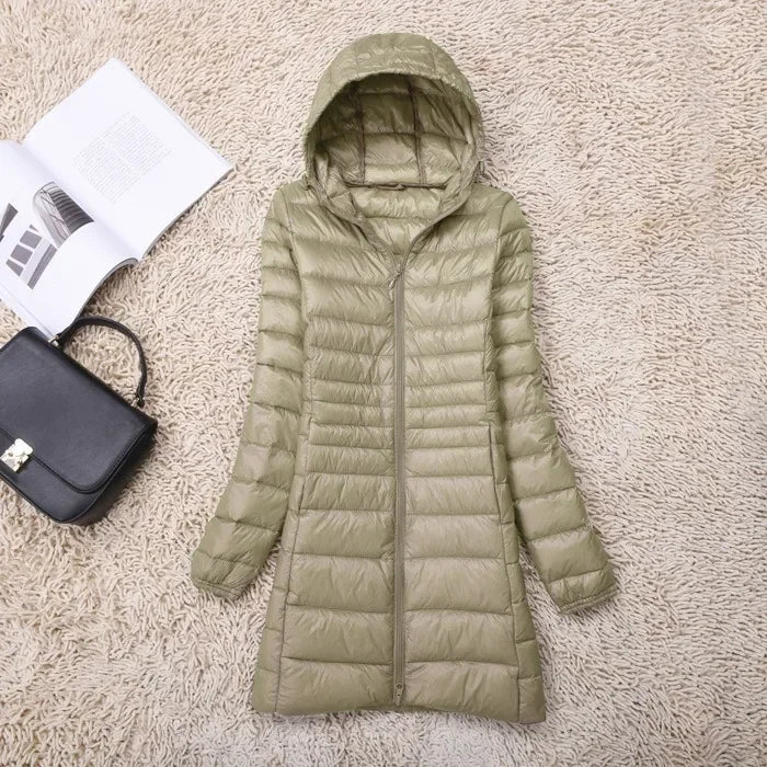 Plus Size White Duck Down Jacket Light-weight Down Jacket Women Inner Cloth Coat Ladies Long Winter Hat Hooded Femal