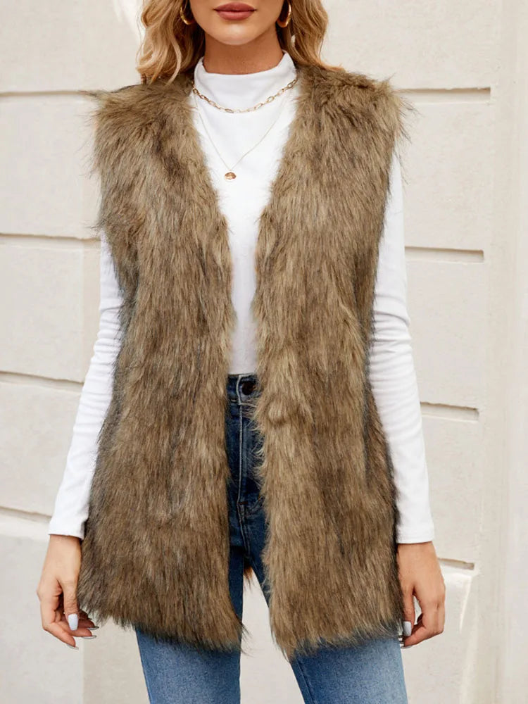 VigoCasey 2025 White Sleeveless Thick Faux Fur Vest Coat Woman V Neck Plush Warm Waistcoat Lady Autumn Winter Fluffy Vest Jacket