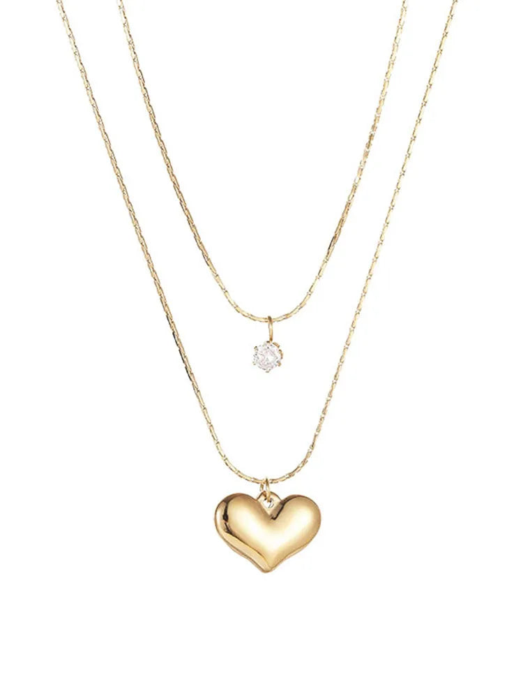 Stainless Steel 14K Gold Heart Pendant Necklace Women's Simple Chain Stylish Design Sense Jewelry Double Layer