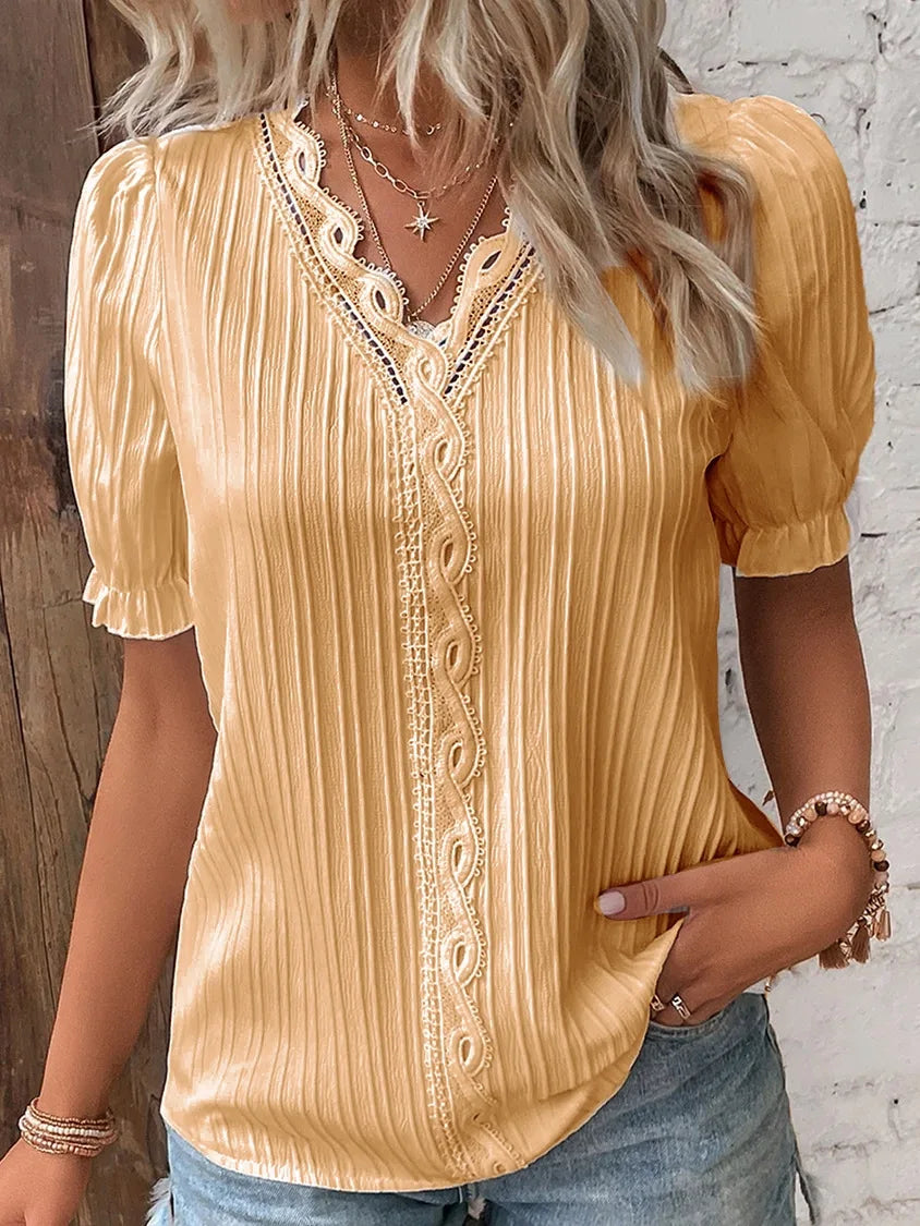 Women's Summer New Top Solid Sexy V-Neck Hollow Short Sleeve Shirt Fashion Splice Plus Size Blouse Loose Street Apparel