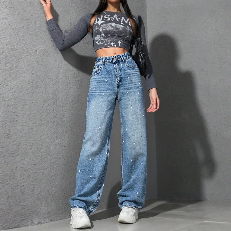 Benuynffy Heart Print High Waist Straight Jeans for Women 2025 New Streetwear Casual All Match Baggy Wide Leg Denim Pants Female