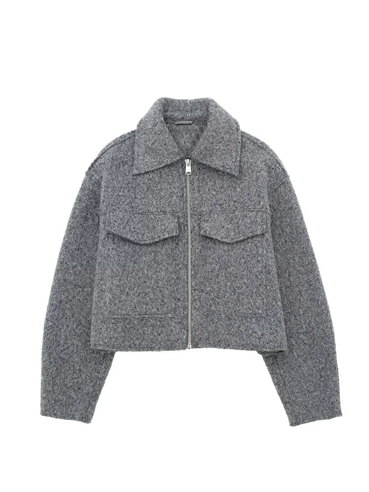 Willshela Women Fashion With Pockets Grey Front Zipper Jackets Vintage Lapel Neck Long Sleeves Female Chic Lady Outfits
