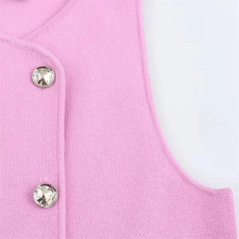 MUJER Knit Sleeveless Vest Woman Fashion Pink Knitted Cropped Vest Women Double Breasted Summer Vest Top Women New In Short Coat