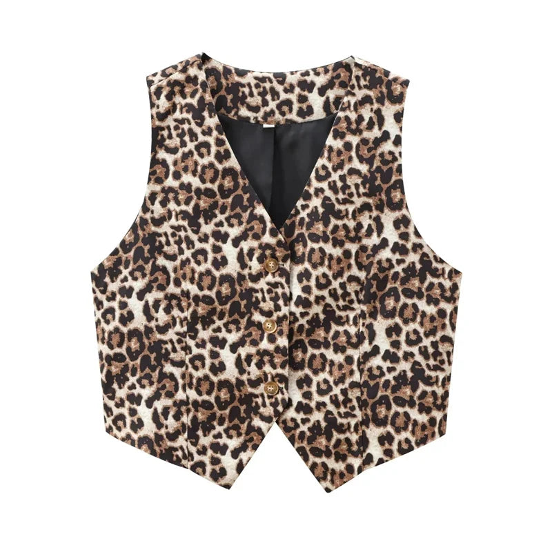 MUJER Leopard Print Vests for Women Waistcoat Cropped Sleeveless Vest Woman Fashion Short Jacket Women Streetwear Women's Coats