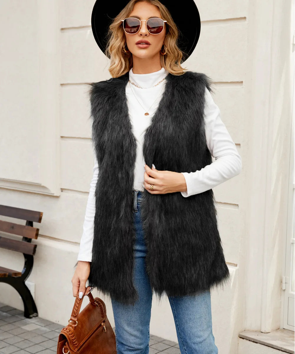 VigoCasey 2025 White Sleeveless Thick Faux Fur Vest Coat Woman V Neck Plush Warm Waistcoat Lady Autumn Winter Fluffy Vest Jacket