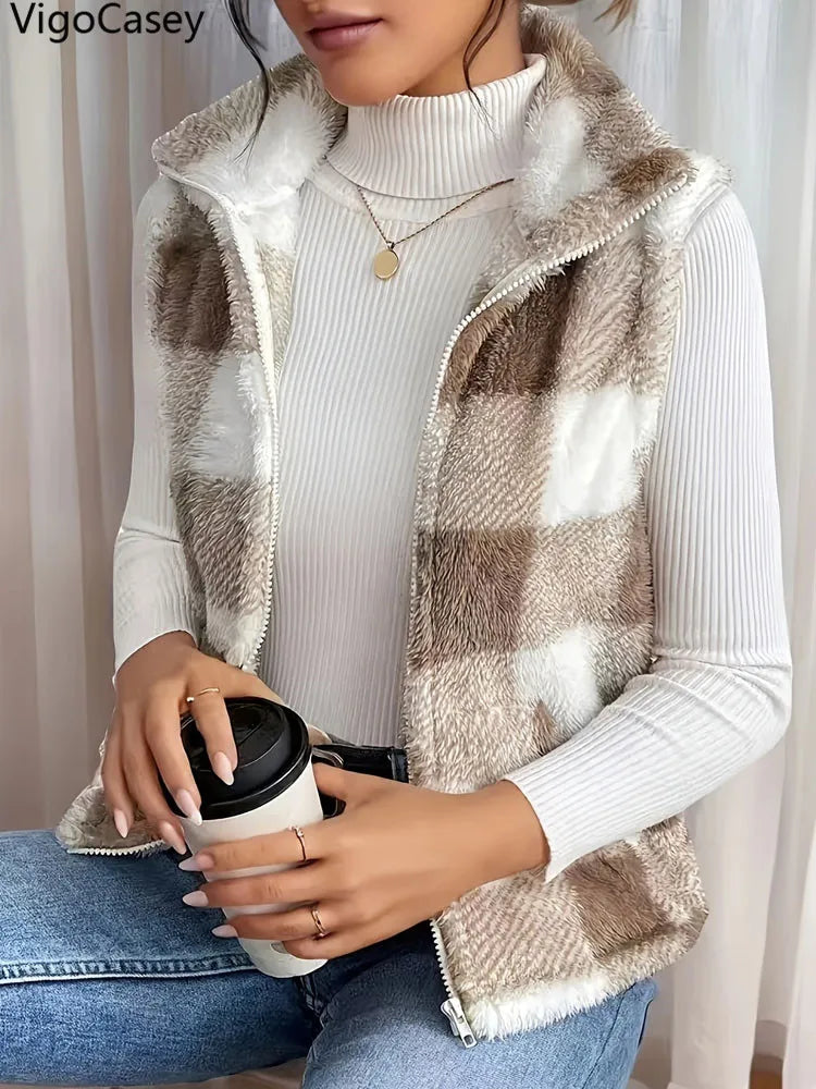 VigoCasey 2025 Plaid Print Sleeveless Vest Coat Woman Zipper Loose Plush Warm Waistcoat Lady Autumn Winter Casual Vest Jacket