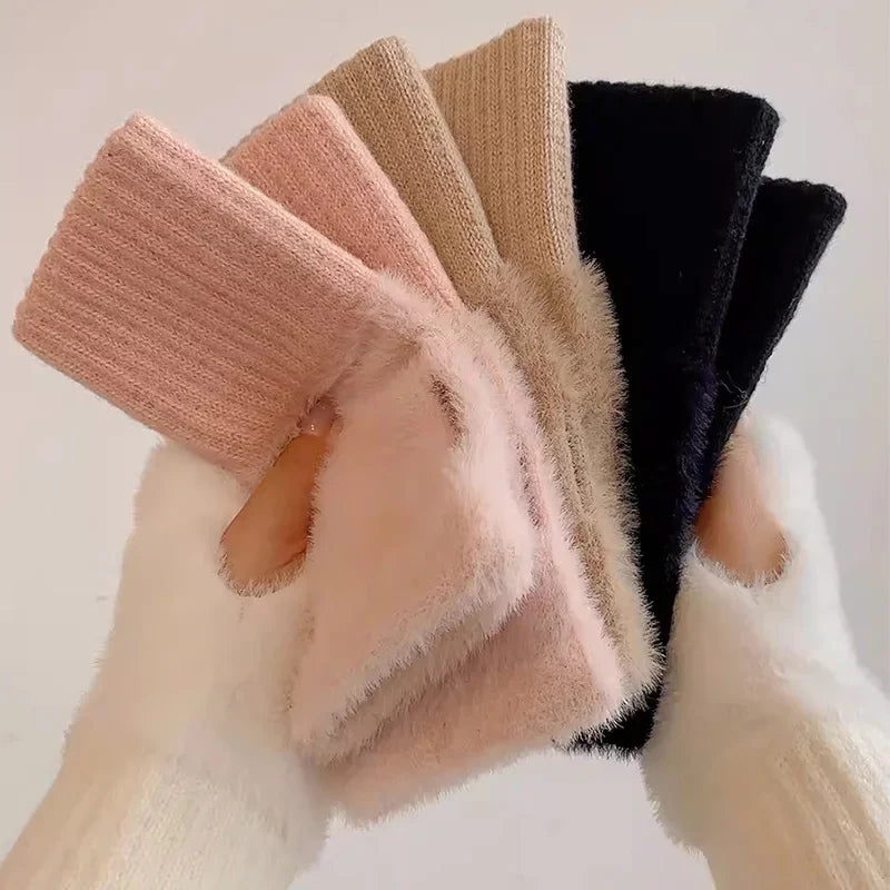 Soft Winter Half Finger Gloves Women Warm Luxury Solid White Plush Knitted Fingerless Gloves Wrist Mittens Writting