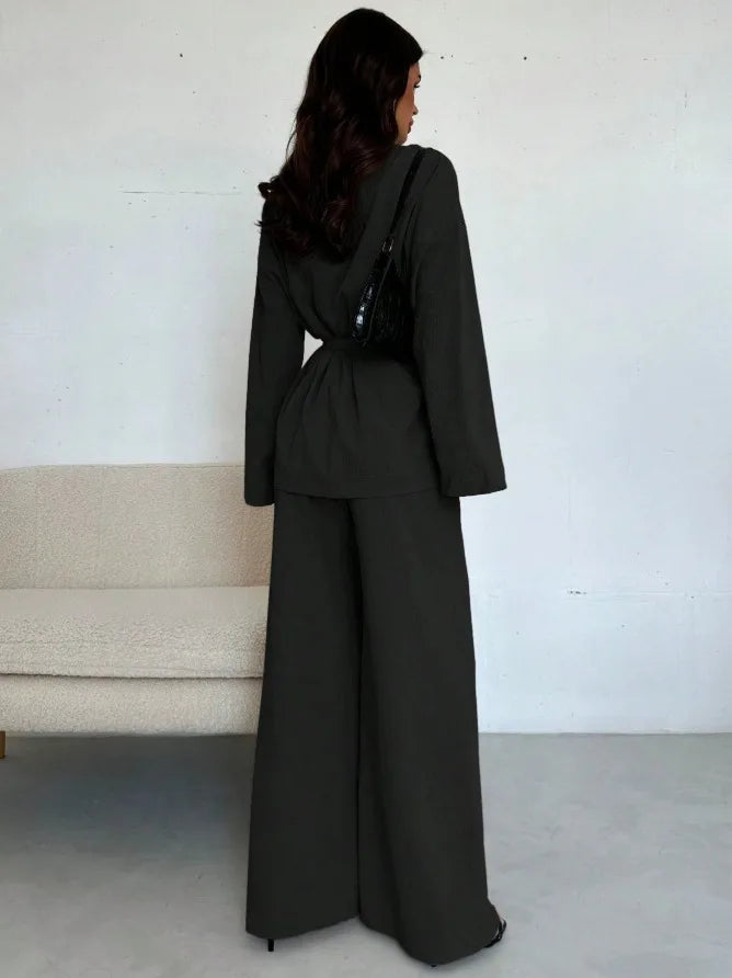 2025 Autumn Winter European American Fashion V-neck Women's Temperament Long-sleeved Elegant Wide-leg Pants Set