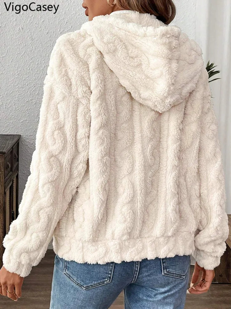 VigoCasey 2025 Women Autumn White Zipper Jacket White Long Sleeve Thick Plush Warm Coat Loose Winter Soft Lady Short Hooded Coat