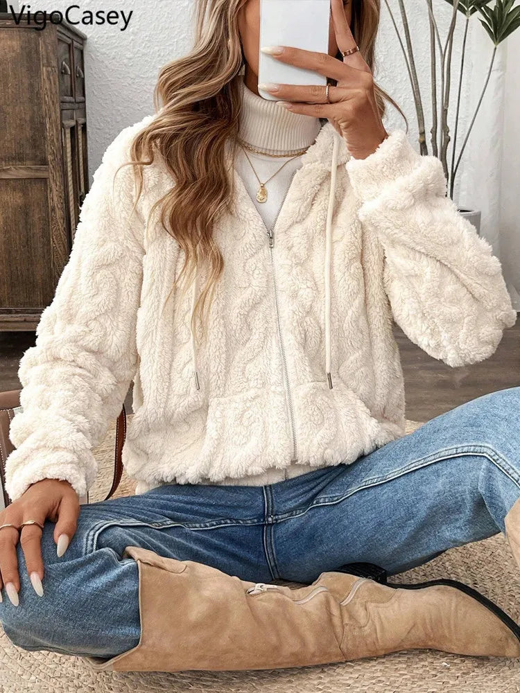 VigoCasey 2025 Women Autumn White Zipper Jacket White Long Sleeve Thick Plush Warm Coat Loose Winter Soft Lady Short Hooded Coat