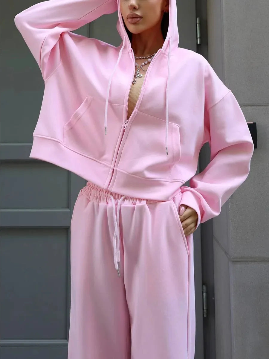 2025 Woman 2 Piece Set Outfit Sports Suit Long-sleeved Zipper Cardigan Hooded Sweatshirt Lace-up Trousers Two-piece Set Trendy