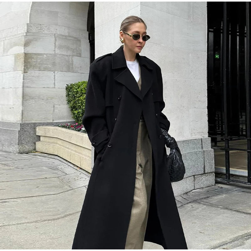 Belts Double Breasted Women's OverCoat Elegant Laple Pocket Full Sleeve Female Coat 2025 Autumn Winter Fashion New Lady Outwears