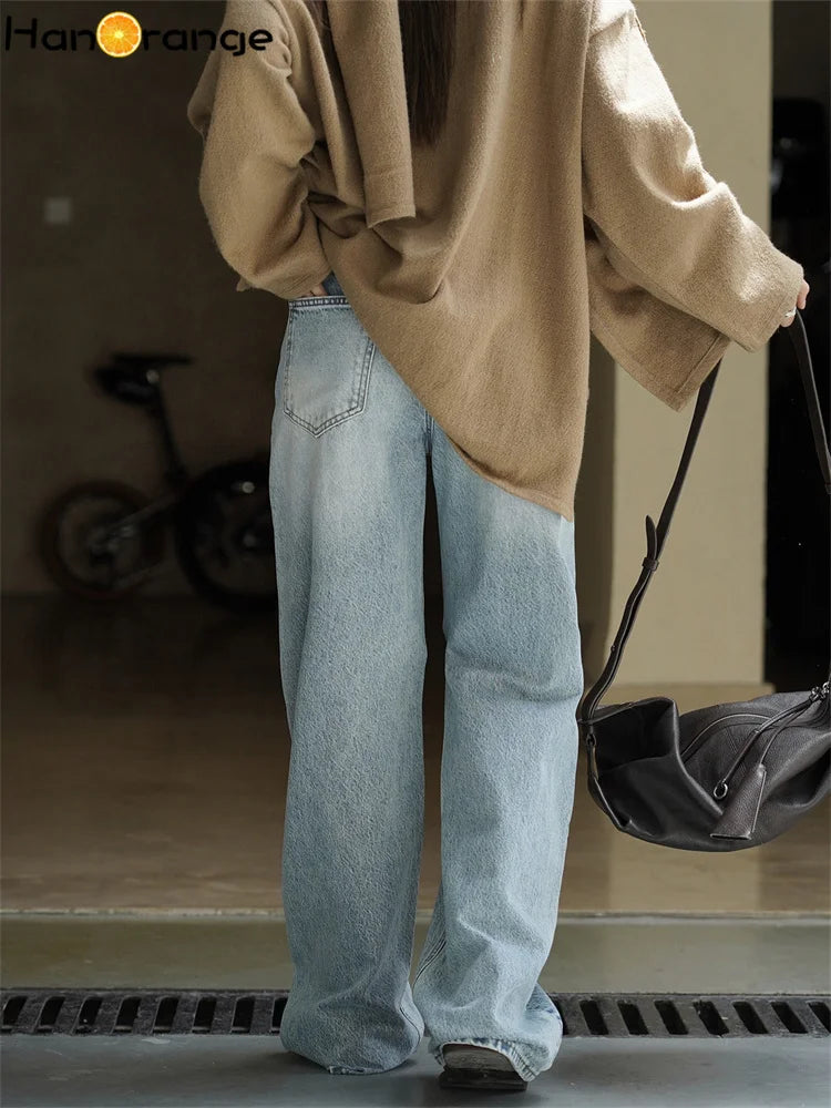 2025 Autumn Winter Retro Polished White Washed Jeans Women Neat Straight Leg 100% Cotton Denim Pants Blue