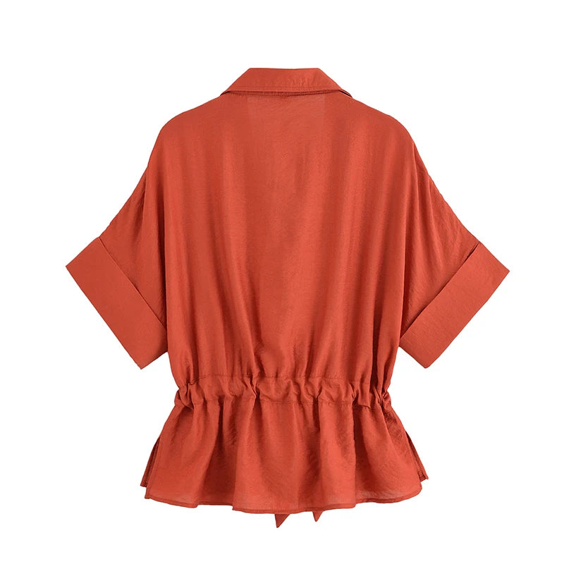 Women Adjustable Drawstring Waist Safari Shirt Short Sleeve Lapel Collar With   Pockets Loose Blouse Streetwear Lady Shirts
