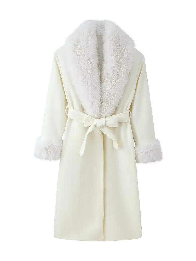 HH New Woman Winter Fashion Versatile Faux Fur Effect Lapel Long Sleeves Belt Long Coat Female Casual Commuting Long Overcoat