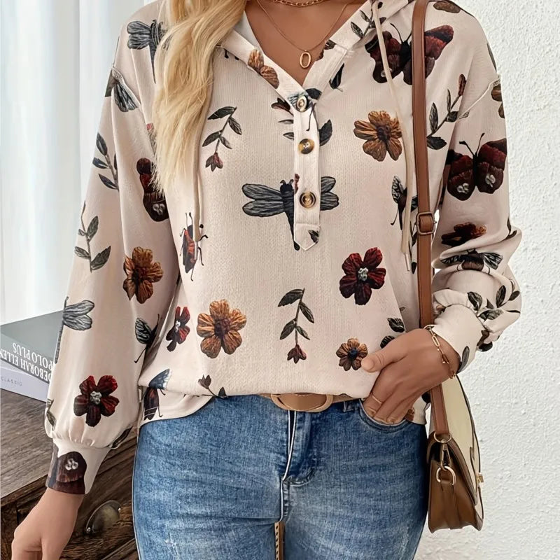 Fashionable Hooded Zipper Printed Sweatshirt Women Long-sleeved Loose Versatile Autumn And Winter Pullover Herbst Damen Kleidung