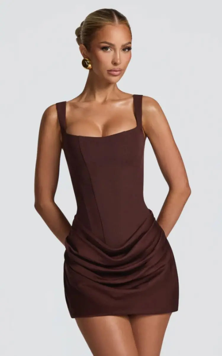 Elegant Brown Short Ruched Dress For Women Sexy Strapless Corset Curvy Bandage Mini Dresses Summer Formal Evening Party White