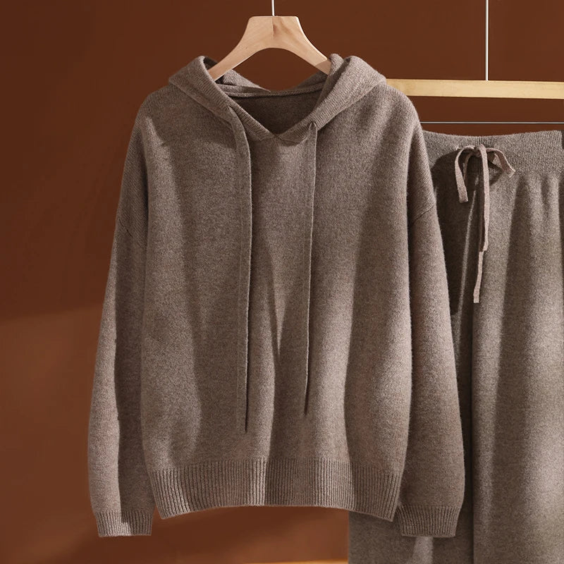ADDONEE Autumn Winter Women's 100% Wool Set Hoodie Pullover Wide Leg Pants Thick Casual Cashmere Knitwear Sweater Trousers Suit