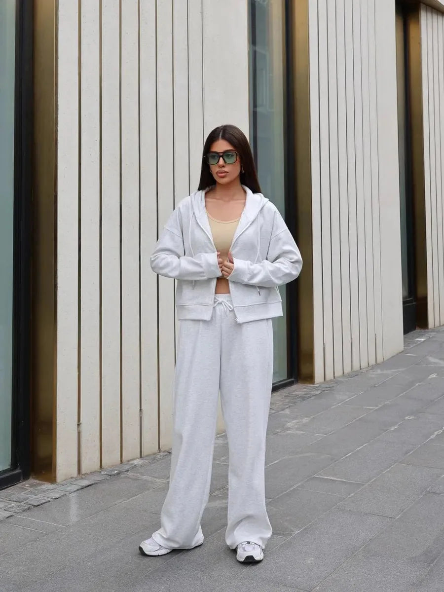 2025 Woman 2 Piece Set Outfit Sports Suit Long-sleeved Zipper Cardigan Hooded Sweatshirt Lace-up Trousers Two-piece Set Trendy