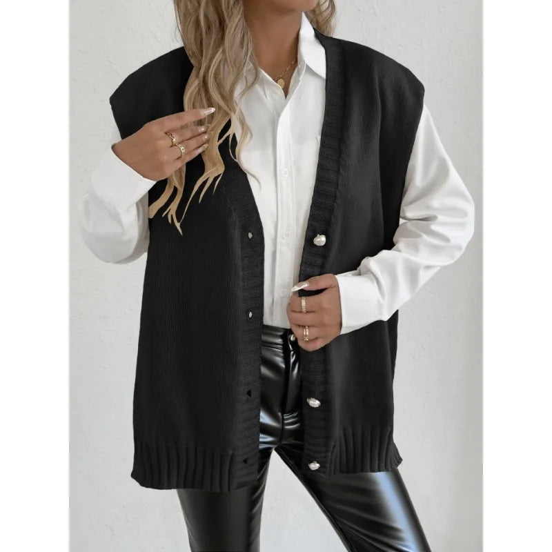 Women's Tops Autumn and Winter Vest Women's Clothing Pearl Button Loose Casual Cardigan Sweater Vest