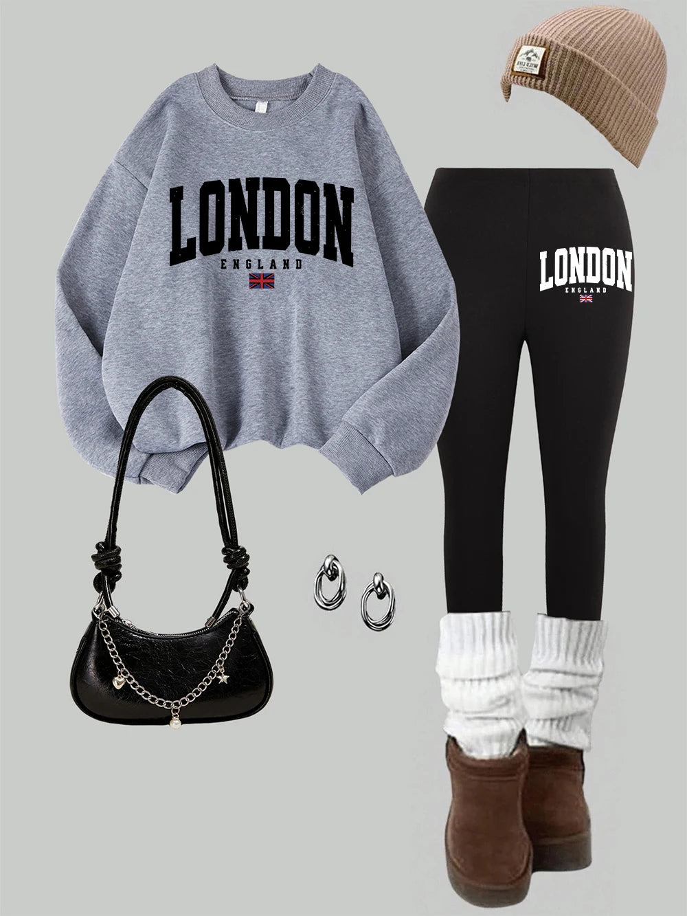 2 Piece Womens London England Flag Printing Sweatshirts Leggings Set Street Fleece Thermal Hoodie Pants Winter Womans Clothes