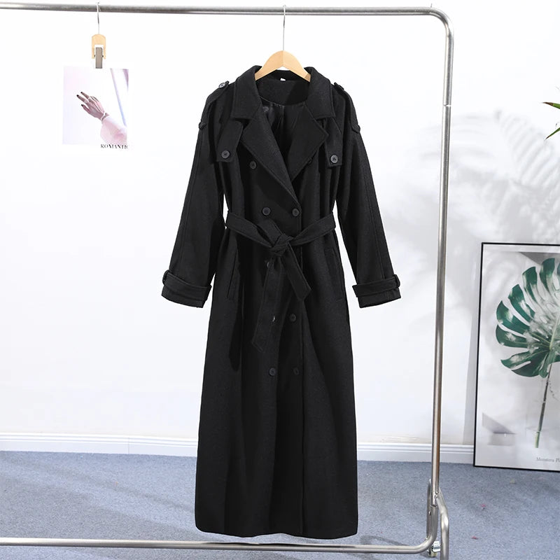 Belts Double Breasted Women's OverCoat Elegant Laple Pocket Full Sleeve Female Coat 2025 Autumn Winter Fashion New Lady Outwears