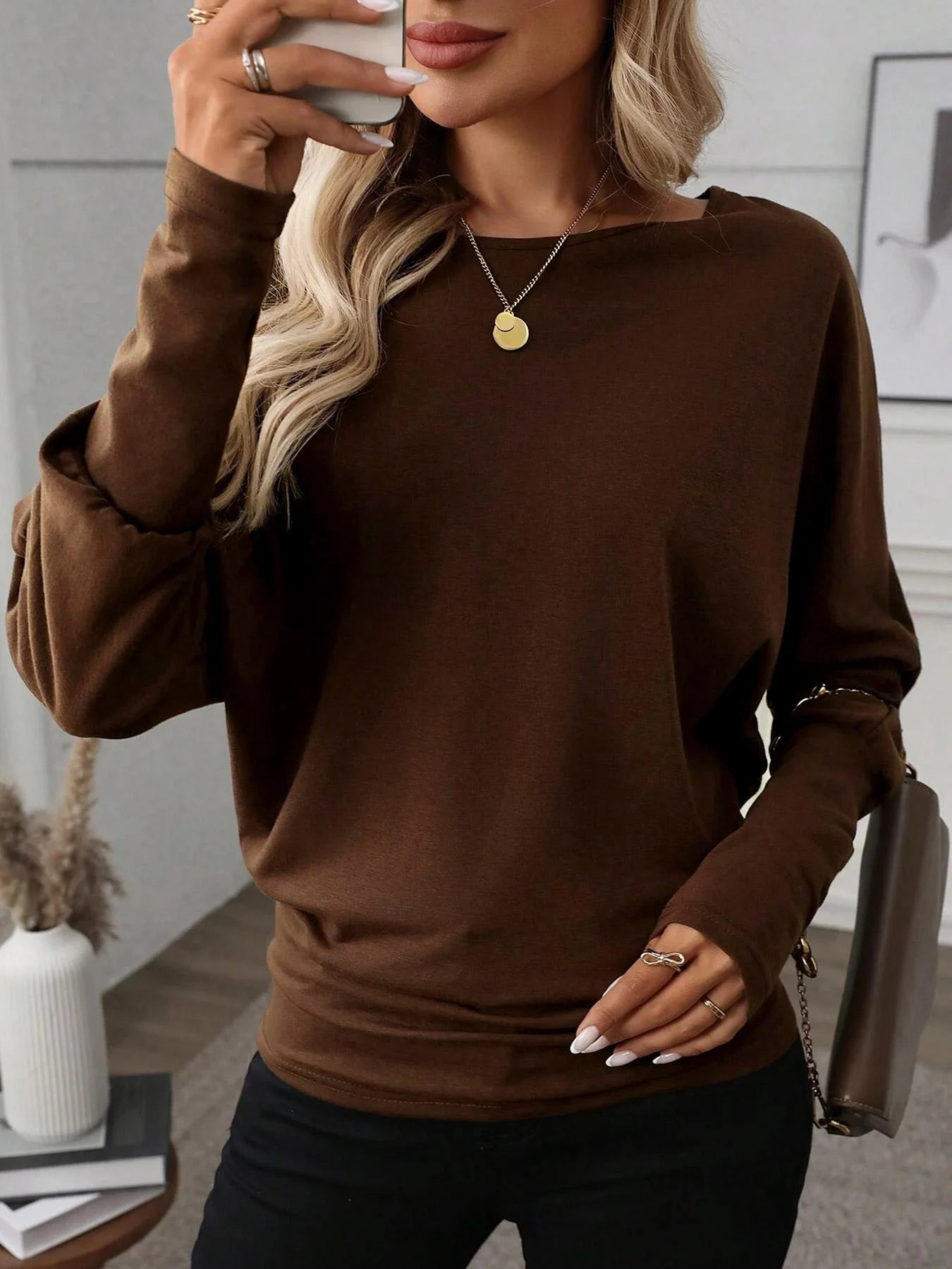 Women's Batwing Sleeve Solid Color T-Shirt, Elastic Long Sleeve Top, Casual Fashion Warm Base Layer, Perfect for Daily Wear & Pa