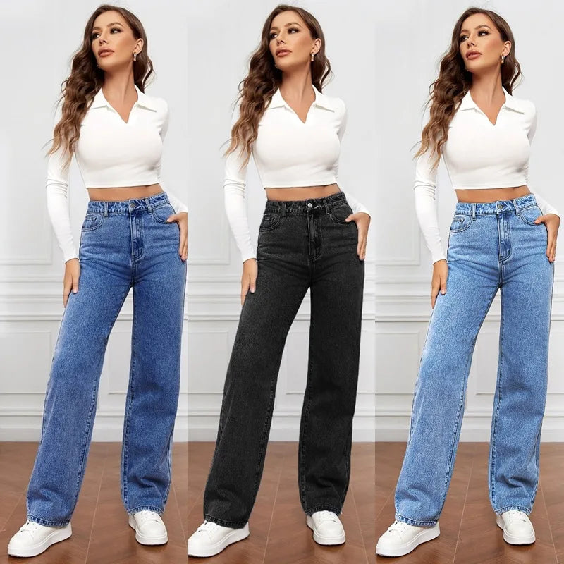 2025 new European and American high-waisted water-washed women's jeans long fashionable and versatile straight-leg pants
