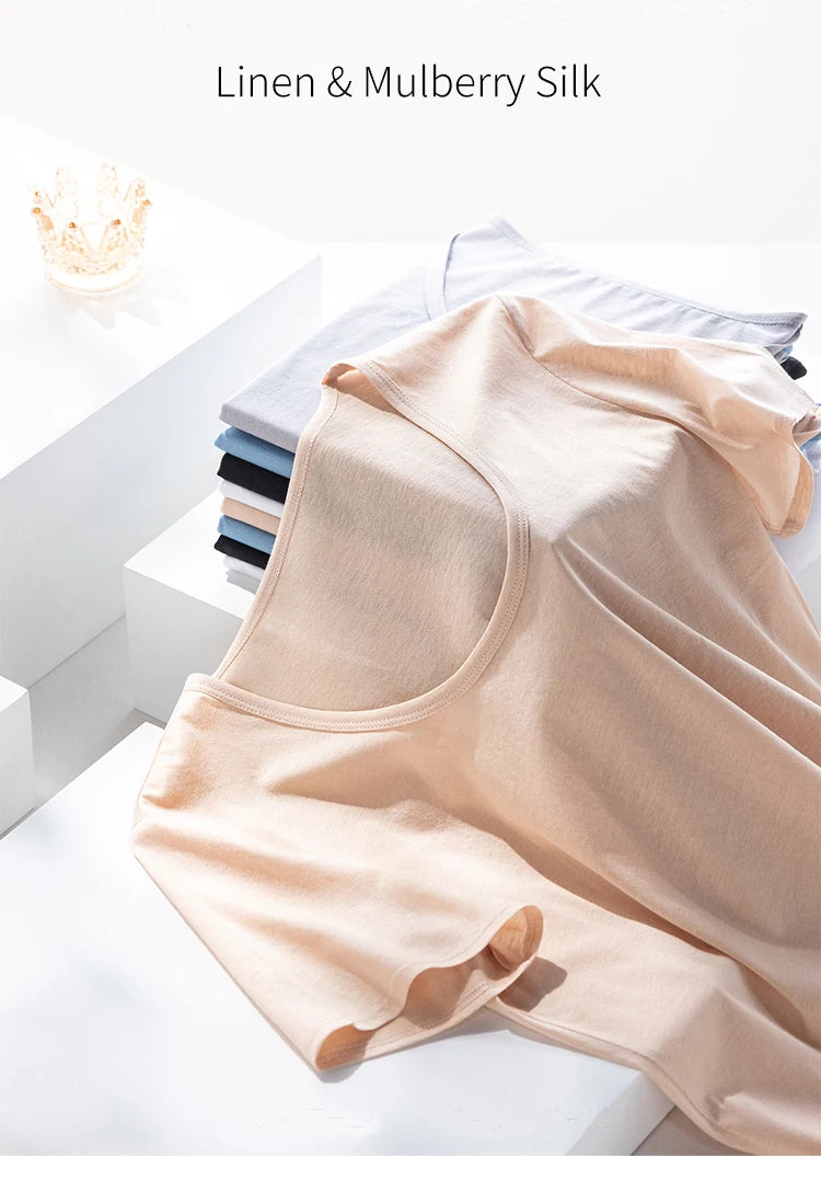 Summer Short Sleeve T-Shirt Women Tee Shirts Real Silk Linen Cotton T Shirt Women's Casual Tees V-neck Woman Tshirt Solid Tops