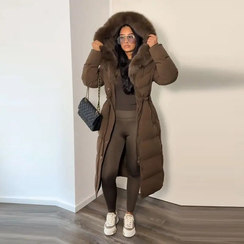 Casual Lace-up Long Padded Jackets Women's Loose Full Sleeves Stand Collar Pocket Maxi Coat 2025 New Winter Ladies Solid Outwear